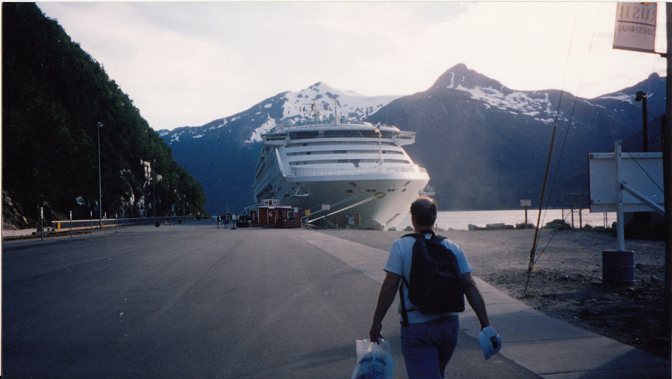 Returning to the Sun Princess in Skagway with a backpack full of beer