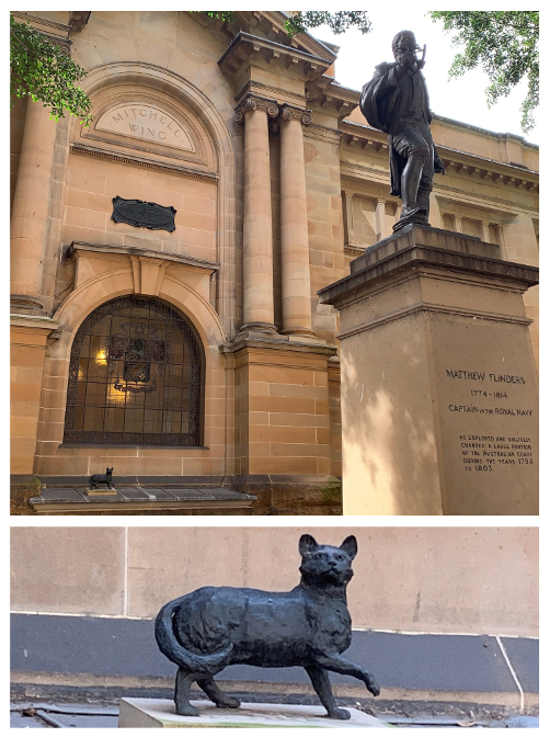Statues of Matthew Flinders and his beloved cat Trim outside the State Library of New South Wales