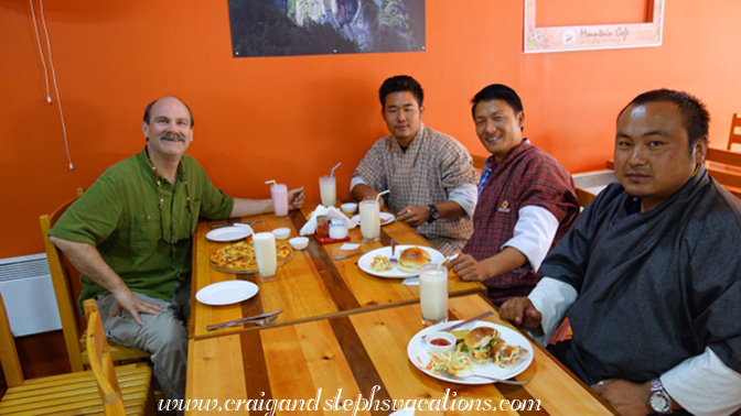 A light lunch at Mountain Cafe: Craig, Sonam, Kinley, and Gyem Phub