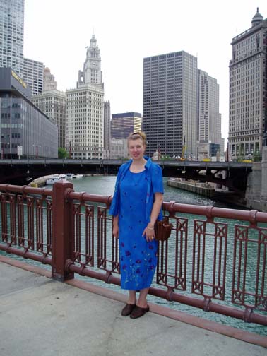 Steph on a drawbridge in the Marina City section of town
