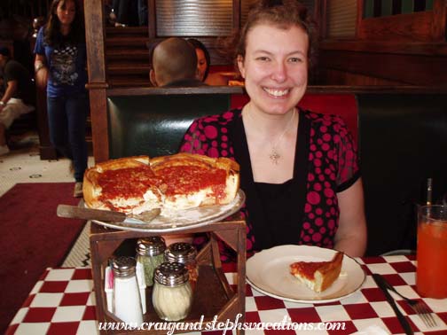 Steph poses with the Giordano's pizza
