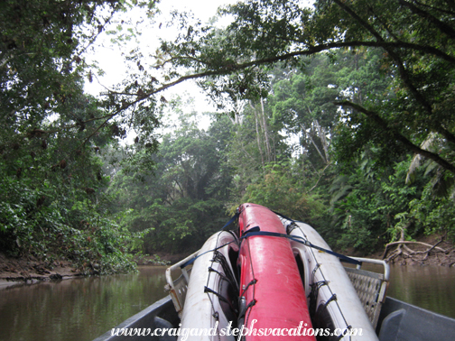 Heading upriver in a motorized canoe