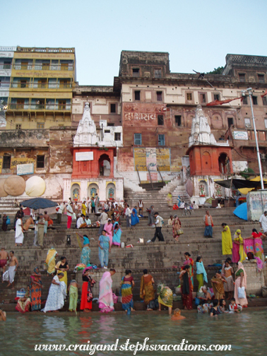 Pilgrims gather on the ghats of the Ganges