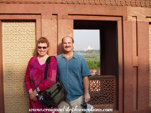 Craig & Steph, Agra Fort, with Taj Mahal visible in background