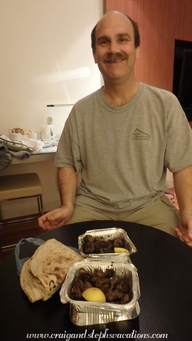 Mmmm! Eating our amazing lamb kebab takeout! The spices were delicious!