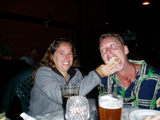 Tiffany feeding nachos to Marty and the Vermont Pub and Brewery