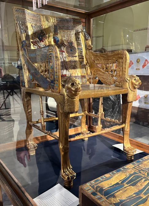 Egyptian Museum Cairo: King Tut's golden throne, depicting him with wife Ankhesenamun
