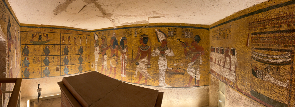 King Tut's Tomb: 12 baboons (left), the opening of the mouth ceremony (center)