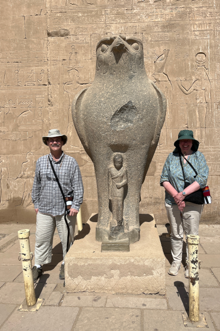 With a statue of Horus at Edfu Temple