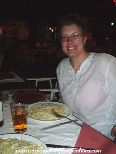 Steph having spaghetti Bolognaise at the Independance Hotel