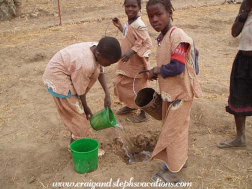 Kids water the tree holes