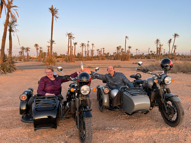 Sunset wine at the Palmeraie on our sidecar tour