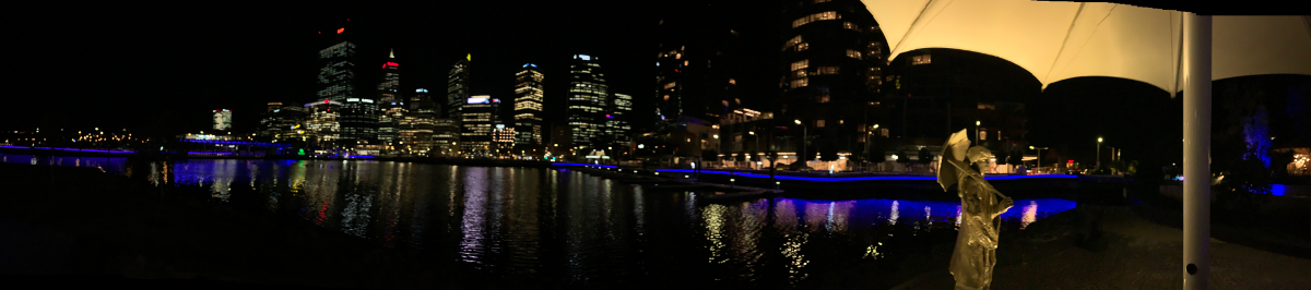 Perth CBD and statue of Bessie Mabel Rischbieth by Jon Tarry, Elizabeth Quay