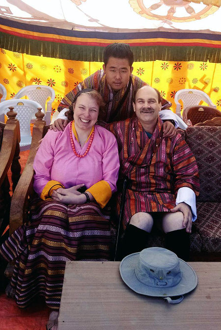 Steph, Sonam, and Craig ready to watch the tsechu