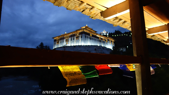 View of Paro Rinpung Dzong and the National Museum from Nyamai Zam footbridge