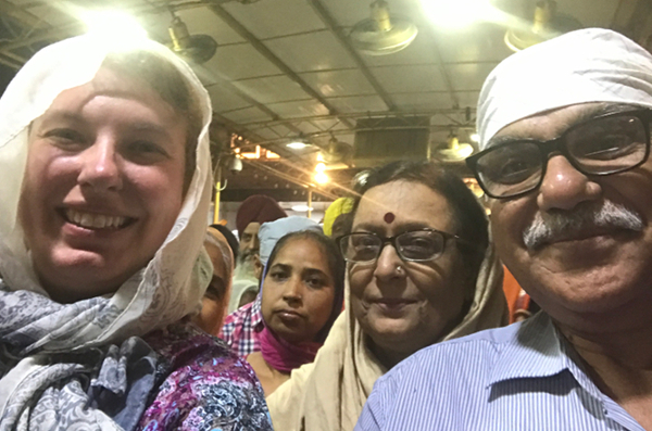 Waiting in the queue to enter the Golden Temple: Steph, Sunita, and Mukul