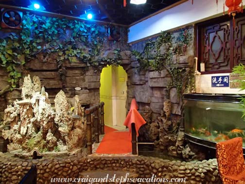 Indoor rock garden near the rest rooms