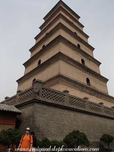 Craig is dwarfed by the Wild Goose Pagoda