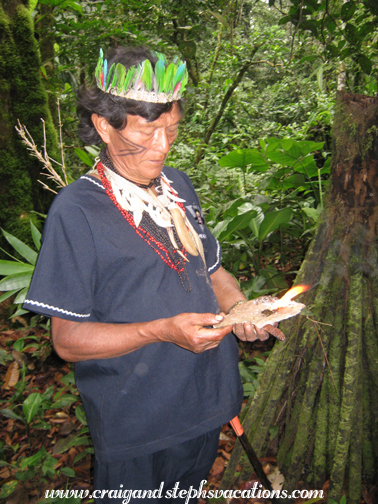 Carlos lights natural copal incense found in the jungle