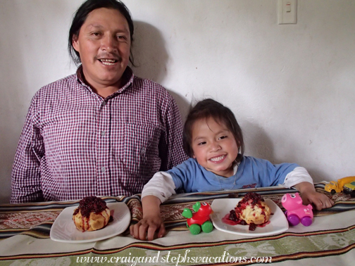 Antonio and Yupanqui  enjoy pan licuado with blackberries