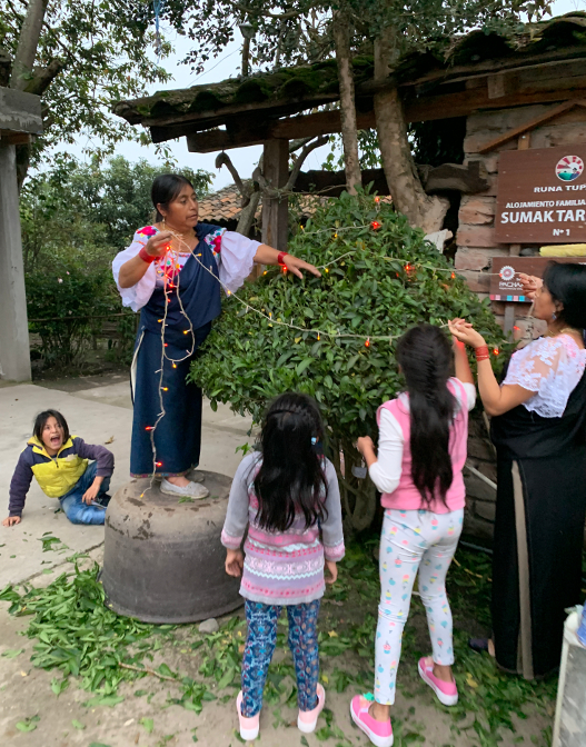 Rosa, Aida, and the kids putting lights on the Christmas tree