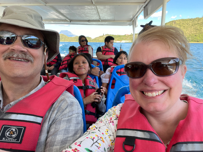 On the boat at Lake Cuicocha