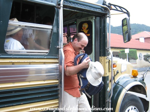 Disembarking from a chicken bus in Panajachel