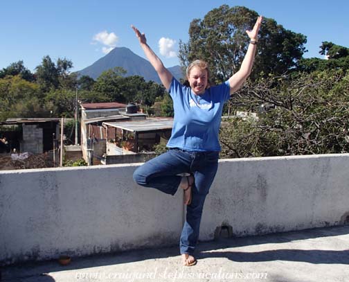 Morning yoga poses on the roof deck