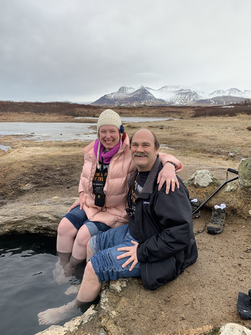 Soaking our feet in the miniature hot spring at Stora-Hraun