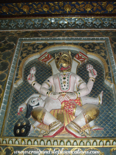 Vishnu in his half-lion Narasimha form killing the demon Hiranyakasipu, Phool Mahal, Junagargh Fort