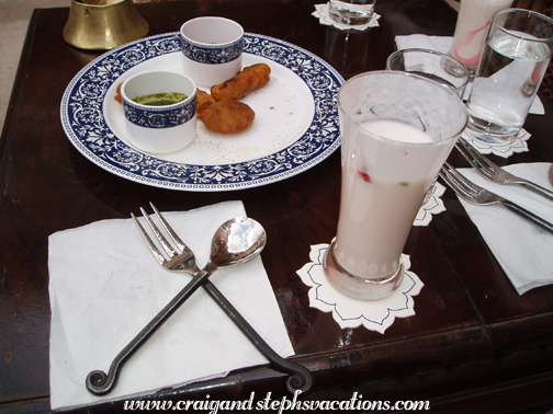 Lassi and fritters, Deogarh Mahal