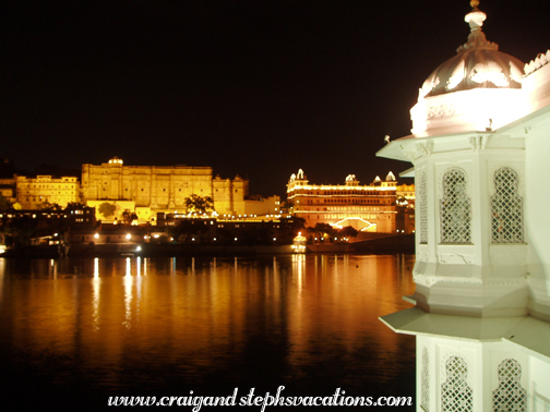 Night view from the Lake Palace Hotel