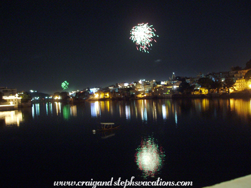 Watching Diwali fireworks from the Lake Palace Hotel gazebo