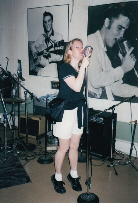 Jenn at Elvis' mic at Sun Studios