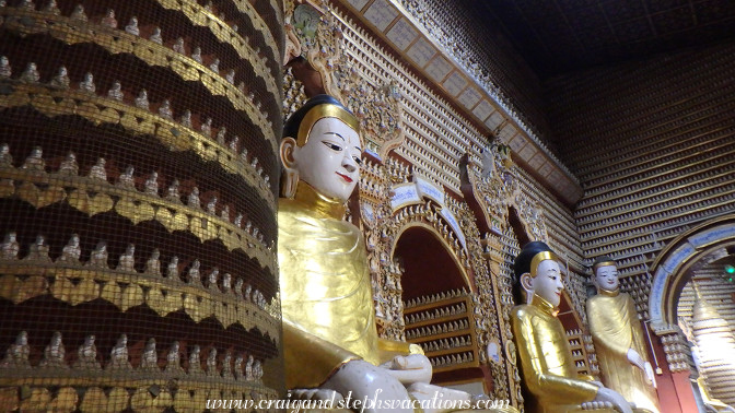 Every surface in Thanboddhay Pagoda is lined with tiny white Buddhas