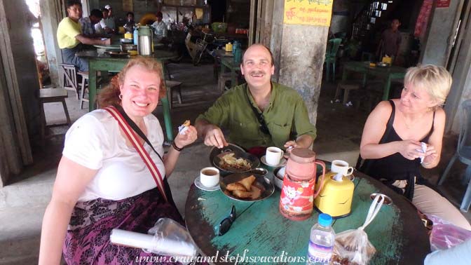 Enjoying chai, samosas, and naan at the chai shop