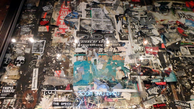 Preserved CBGB playbills, stickers, and graffiti