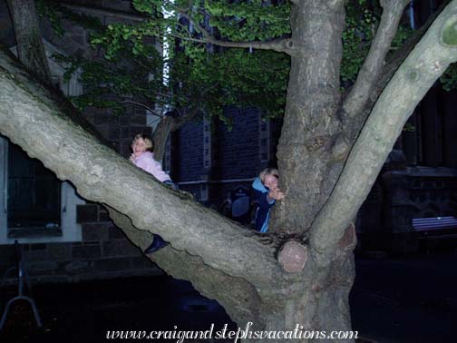 Emily and Rosalie climb a tree at the Christchurch Arts Centre