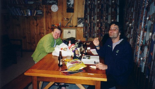 Steph and Stan eating dinner at Wyn Irwin Hut