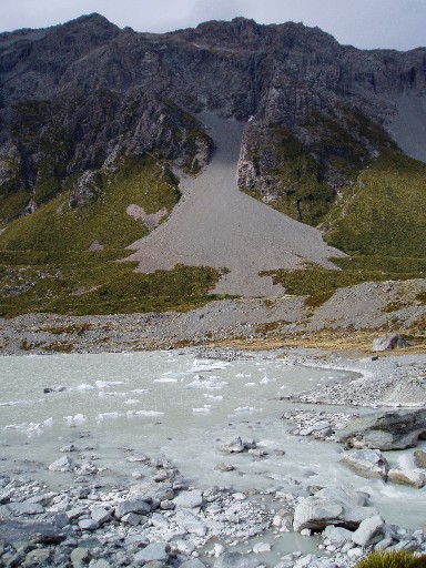 Scree slope behind iceberg-strewn lake