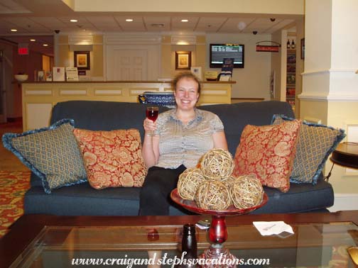 Steph enjoying a glass of wine at the Hilton Garden Inn, Akron Airport