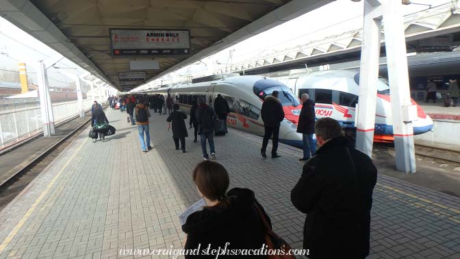 Preparing to board our Sapsan high speed train to St. Petersburg, Leningradsky Station