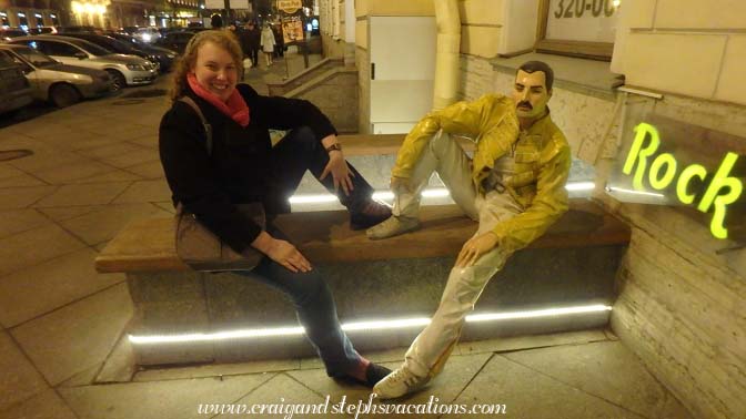 Hanging out with Freddie Mercury in front of the Rock Cafe, St. Petersburg