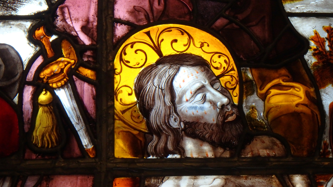 Lamentaton, 16th century stained glass. The detail is so amazing that you can even see droplets of blood on Jesus' forehead