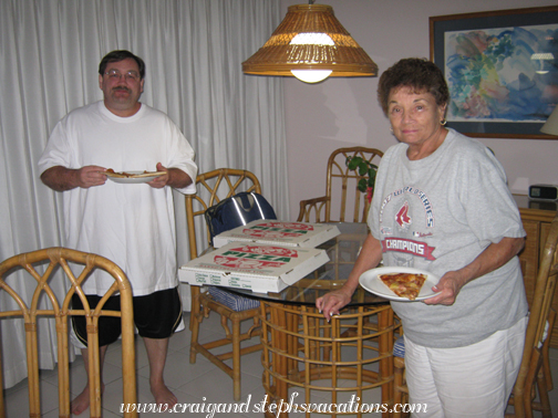 Steve and Mom eating delivery pizza