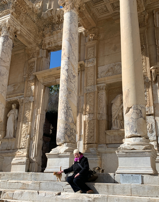 Petting a kedi on the Library of Celsus steps