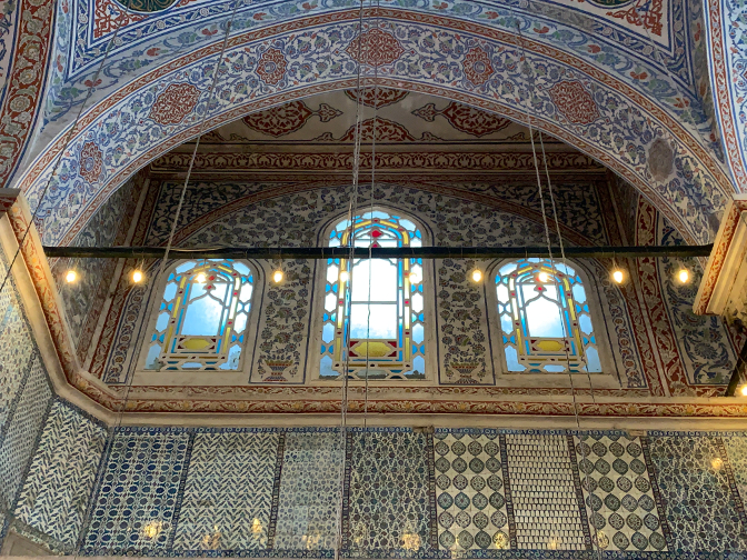 Iznik tiles and stained glass in the Blue Mosque