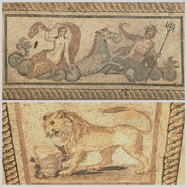 1st-3rd century A.D. mosaics from Terrace House 2: Triton & Nereid from unit 2, lion with bull's head from unit 3